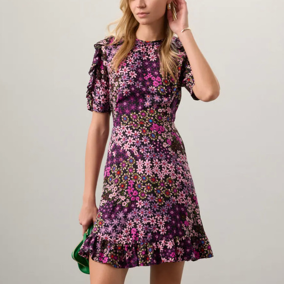 Kate Spade Floral Fit Flare Mini Dress Size 4 Smocked Silk Designer Cottage $428 - Picture 1 of 11